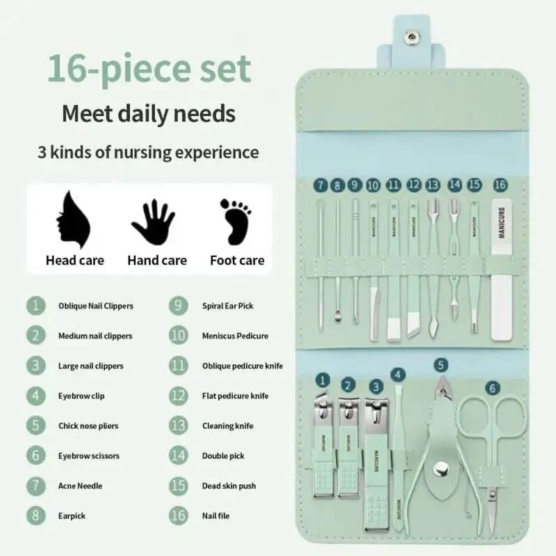 16-Piece Stainless Steel Nail Care Kit with Foldable Case